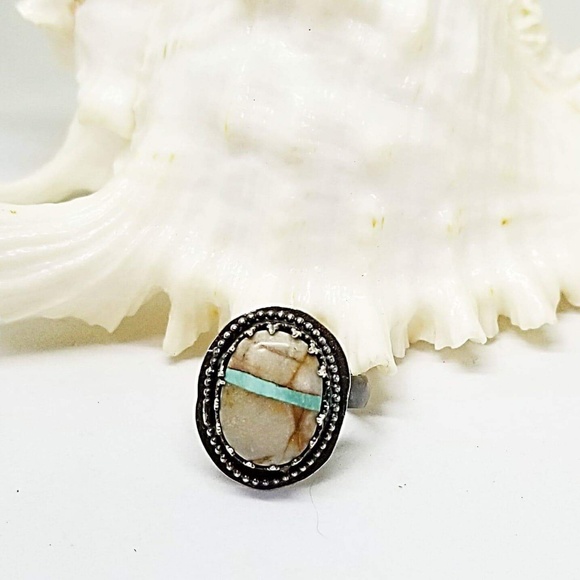 Boulder Ribbon Royston Turquoise 925 Silver Ring - Picture 3 of 4